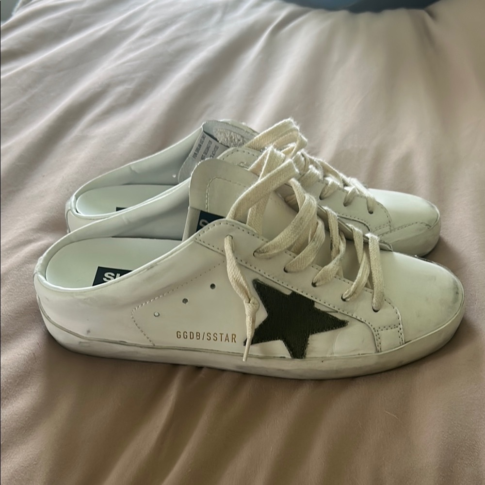 Golden Goose Superstar White Sneakers with green Star Accent